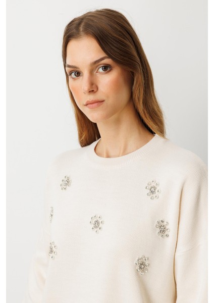 Çiçek Taş Detaylı Triko Tunik-KREM fiyatları