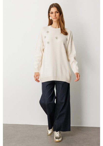 Çiçek Taş Detaylı Triko Tunik-KREM modelleri
