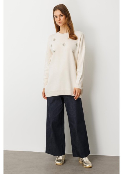 Çiçek Taş Detaylı Triko Tunik-KREM indirimleri