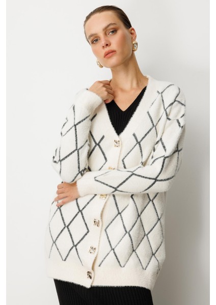 Baklava Desenli Triko Hırka-EKRU fırsatları