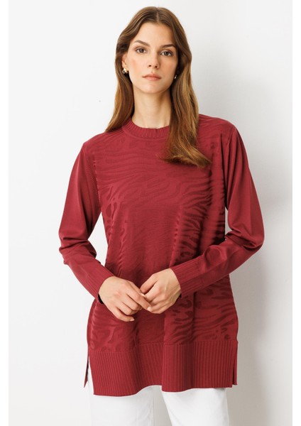 Kendinden Desenli Triko Tunik-Bordo
