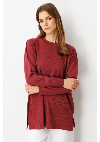 Kendinden Desenli Triko Tunik-Bordo indirimleri