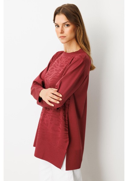Kendinden Desenli Triko Tunik-Bordo
