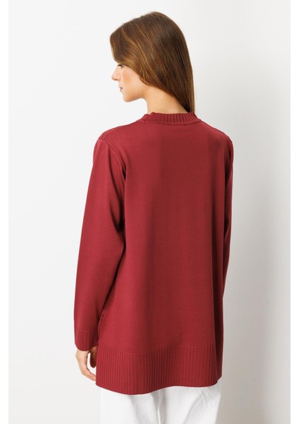 Kendinden Desenli Triko Tunik-Bordo