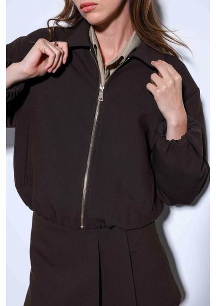 Kahve Fermuarlı Bomber Kadın Ceket