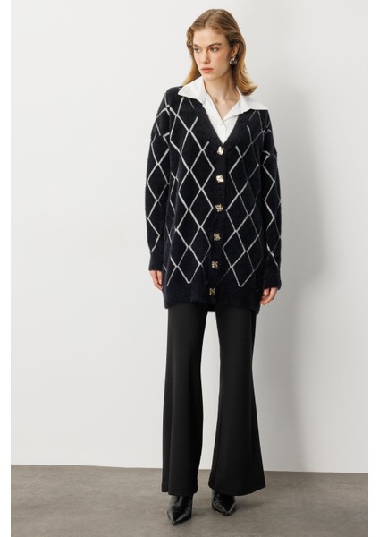 Baklava Desenli Triko Hırka-SİYAH