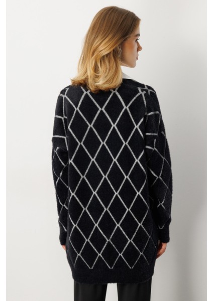 Baklava Desenli Triko Hırka-SİYAH