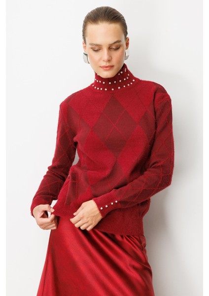 Taş Detaylı Yarım Balıkçı Triko Kazak-BORDO