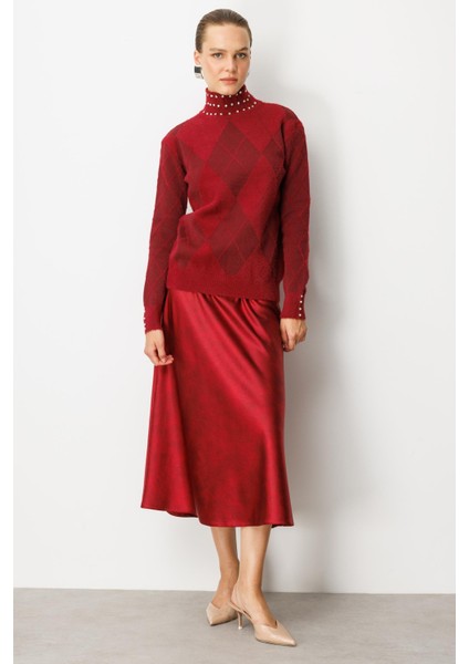 Taş Detaylı Yarım Balıkçı Triko Kazak-BORDO fiyatları