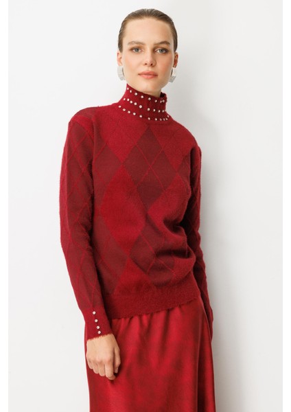 Taş Detaylı Yarım Balıkçı Triko Kazak-BORDO modelleri