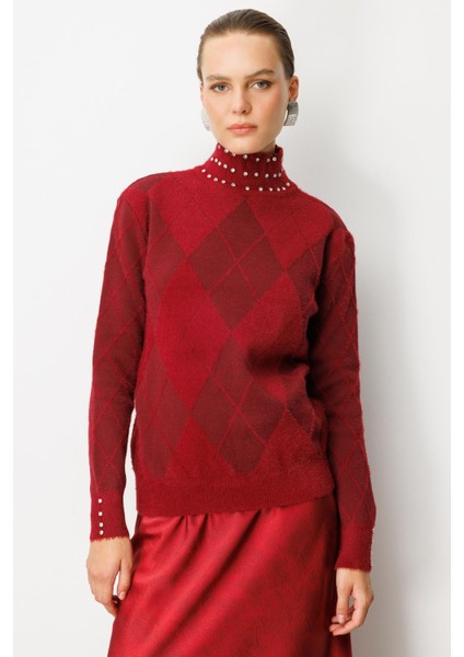 Taş Detaylı Yarım Balıkçı Triko Kazak-BORDO fırsatları