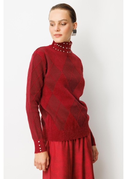 Taş Detaylı Yarım Balıkçı Triko Kazak-BORDO indirimleri