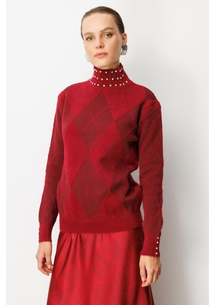 Taş Detaylı Yarım Balıkçı Triko Kazak-BORDO