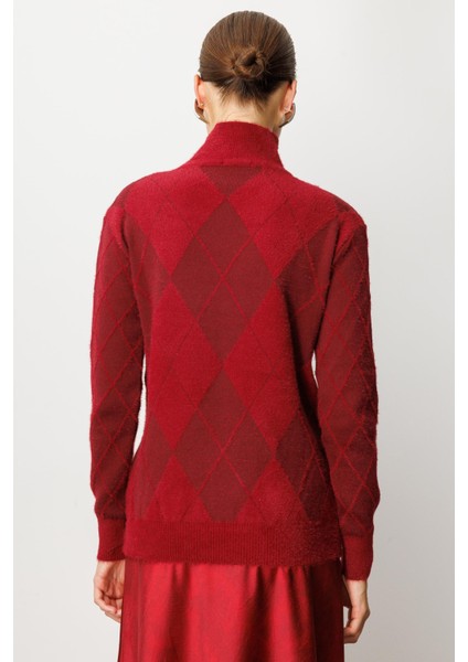 Taş Detaylı Yarım Balıkçı Triko Kazak-BORDO