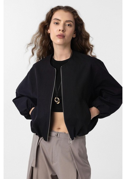 Siyah Crop Kadın Bomber Mont