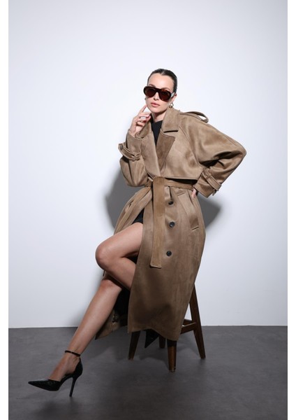 Bej Kruvaze Süet Görünümlü Premium Kadın Trençkot