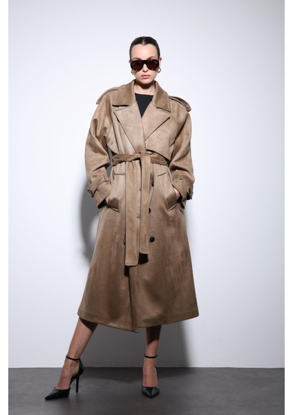 Bej Kruvaze Süet Görünümlü Premium Kadın Trençkot fiyatları