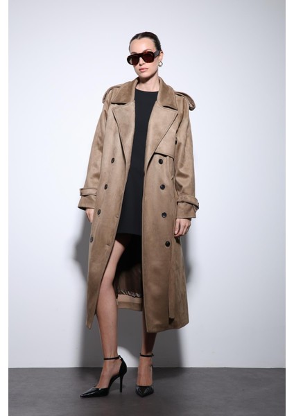 Bej Kruvaze Süet Görünümlü Premium Kadın Trençkot modelleri