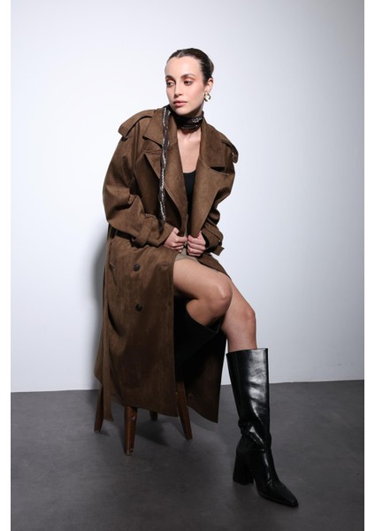 Kahve Kruvaze Süet Görünümlü Premium Kadın Trençkot