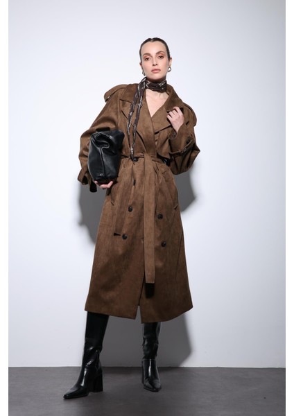 Kahve Kruvaze Süet Görünümlü Premium Kadın Trençkot fiyatları