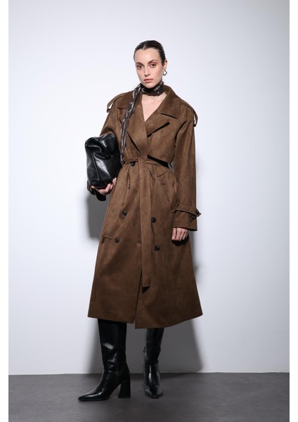 Kahve Kruvaze Süet Görünümlü Premium Kadın Trençkot modelleri