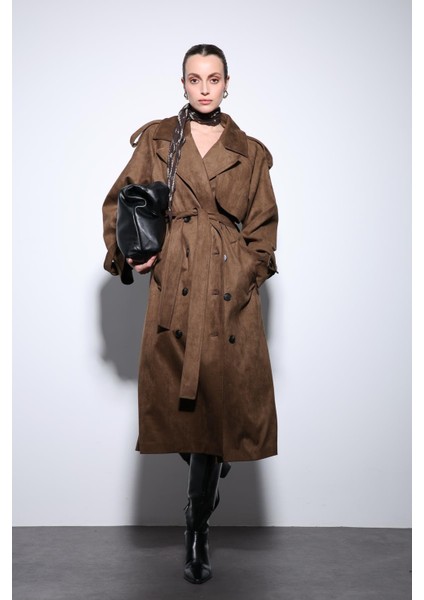 Kahve Kruvaze Süet Görünümlü Premium Kadın Trençkot fırsatları