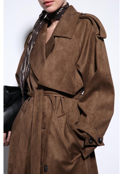Kahve Kruvaze Süet Görünümlü Premium Kadın Trençkot indirimleri
