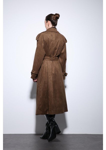 Kahve Kruvaze Süet Görünümlü Premium Kadın Trençkot