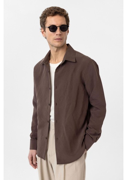 Kahve Relax Fit Modal Kumaş Erkek Gömlek modelleri