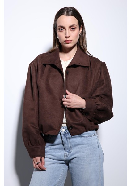 Kahve Süet Görünümlü Bomber Kadın Ceket modelleri