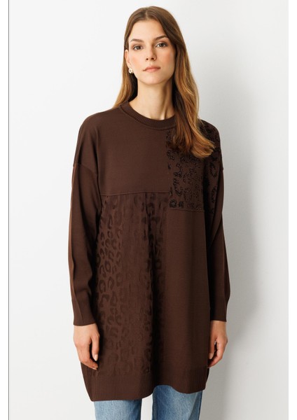 Leopar Kombinli Triko Tunik-Kahve