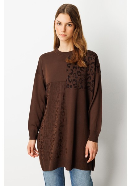 Leopar Kombinli Triko Tunik-Kahve fırsatları