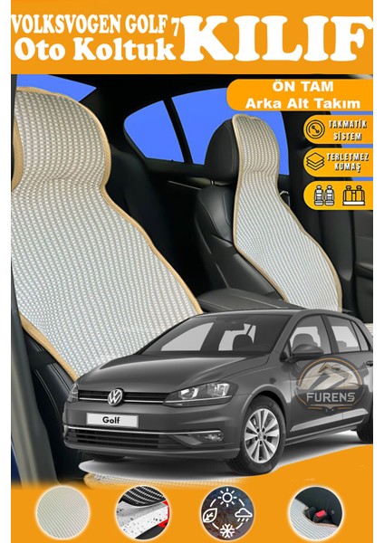 Volkswagen Golf 7 Uyumlu Bej Prestij Serisi Dokuma Kumaş Oto Koltuk Kılıfı Ön Tam Arka Alt