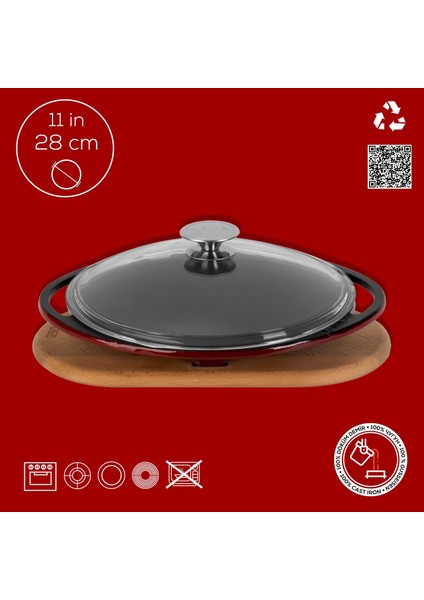 Döküm Yuvarlak Saç Kavurma Tavası Döküm Demir Yekpare Çift Kulplu Cam Kapaklı Kayın Servis Ahşabı ÇAP(Ø)28CM.-BORDO fırsatları