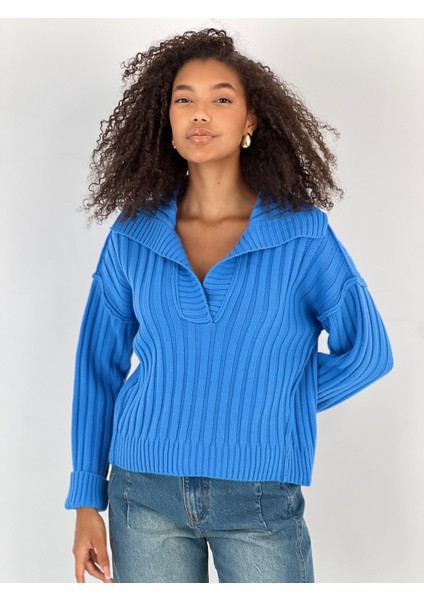 Kadın Fitilli Polo Yaka Mavi Triko Kazak