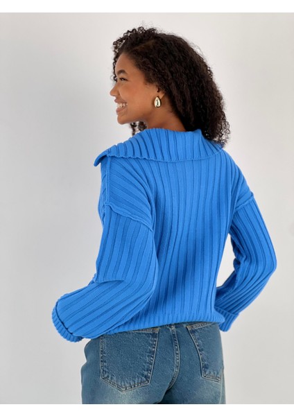 Kadın Fitilli Polo Yaka Mavi Triko Kazak fiyatları