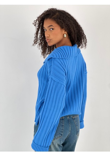 Kadın Fitilli Polo Yaka Mavi Triko Kazak modelleri