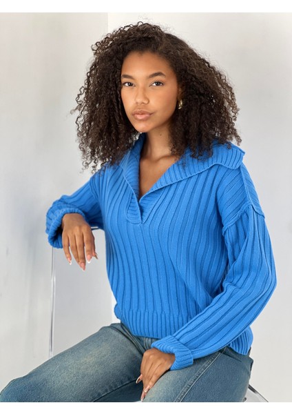 Kadın Fitilli Polo Yaka Mavi Triko Kazak fırsatları