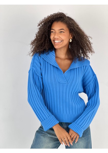 Kadın Fitilli Polo Yaka Mavi Triko Kazak indirimleri