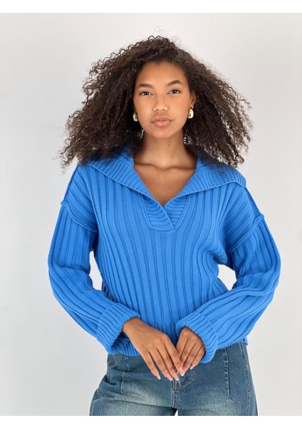 Kadın Fitilli Polo Yaka Mavi Triko Kazak