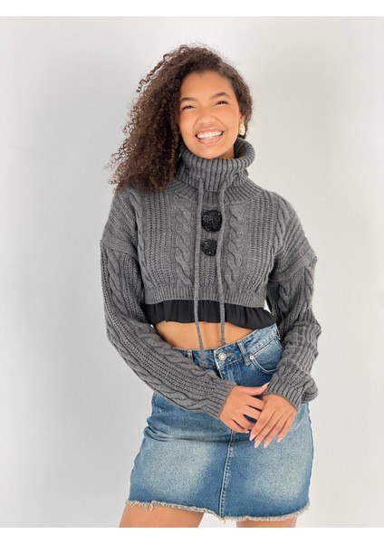 Kadın Örgü Desenli Antrasit Balıkçı Yaka Triko Kazak