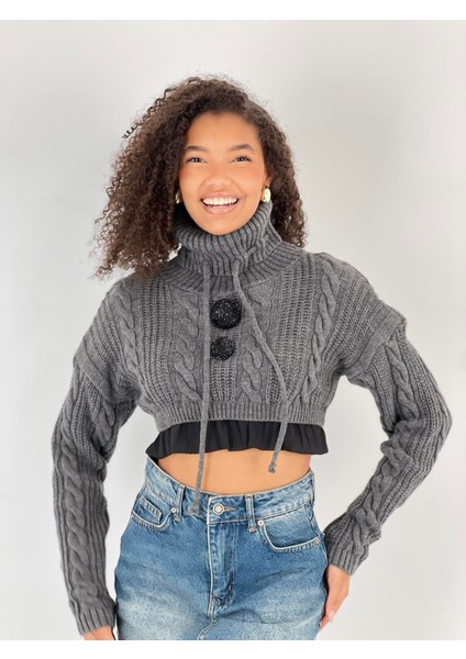 Kadın Örgü Desenli Antrasit Balıkçı Yaka Triko Kazak modelleri