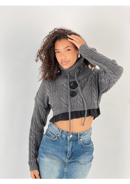 Kadın Örgü Desenli Antrasit Balıkçı Yaka Triko Kazak indirimleri