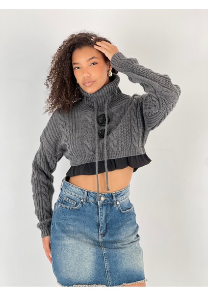 Kadın Örgü Desenli Antrasit Balıkçı Yaka Triko Kazak