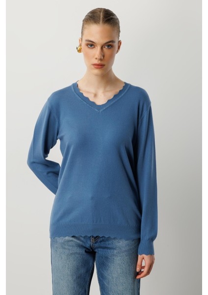 V Yaka Angora Triko Kazak-Indigo fiyatları