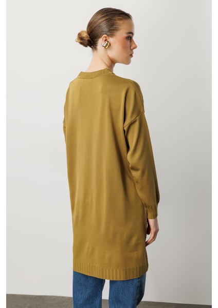 Omzu Düğme Detaylı Triko Tunik-Y.YEŞİLİ