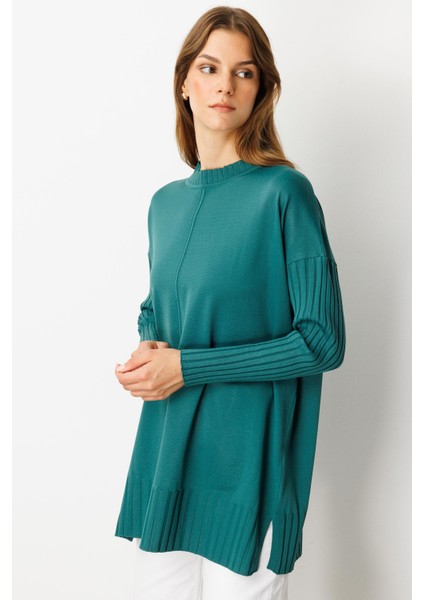 Ribana Detaylı Triko Tunik-Zümrüt