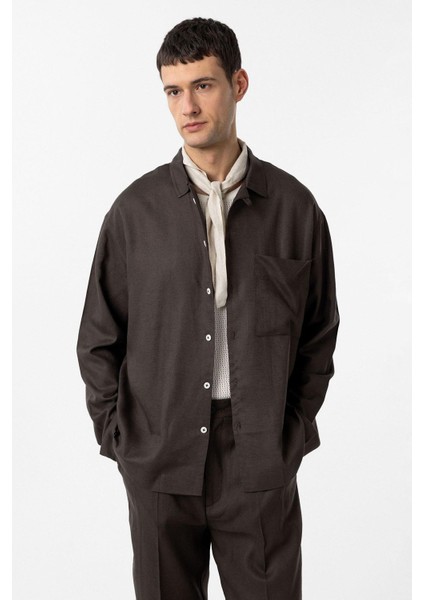 Kahve Keten Karışımlı Relax Fit Erkek Gömlek