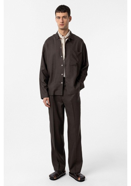 Kahve Keten Karışımlı Relax Fit Erkek Gömlek fiyatları