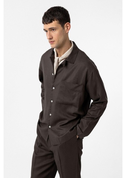 Kahve Keten Karışımlı Relax Fit Erkek Gömlek modelleri